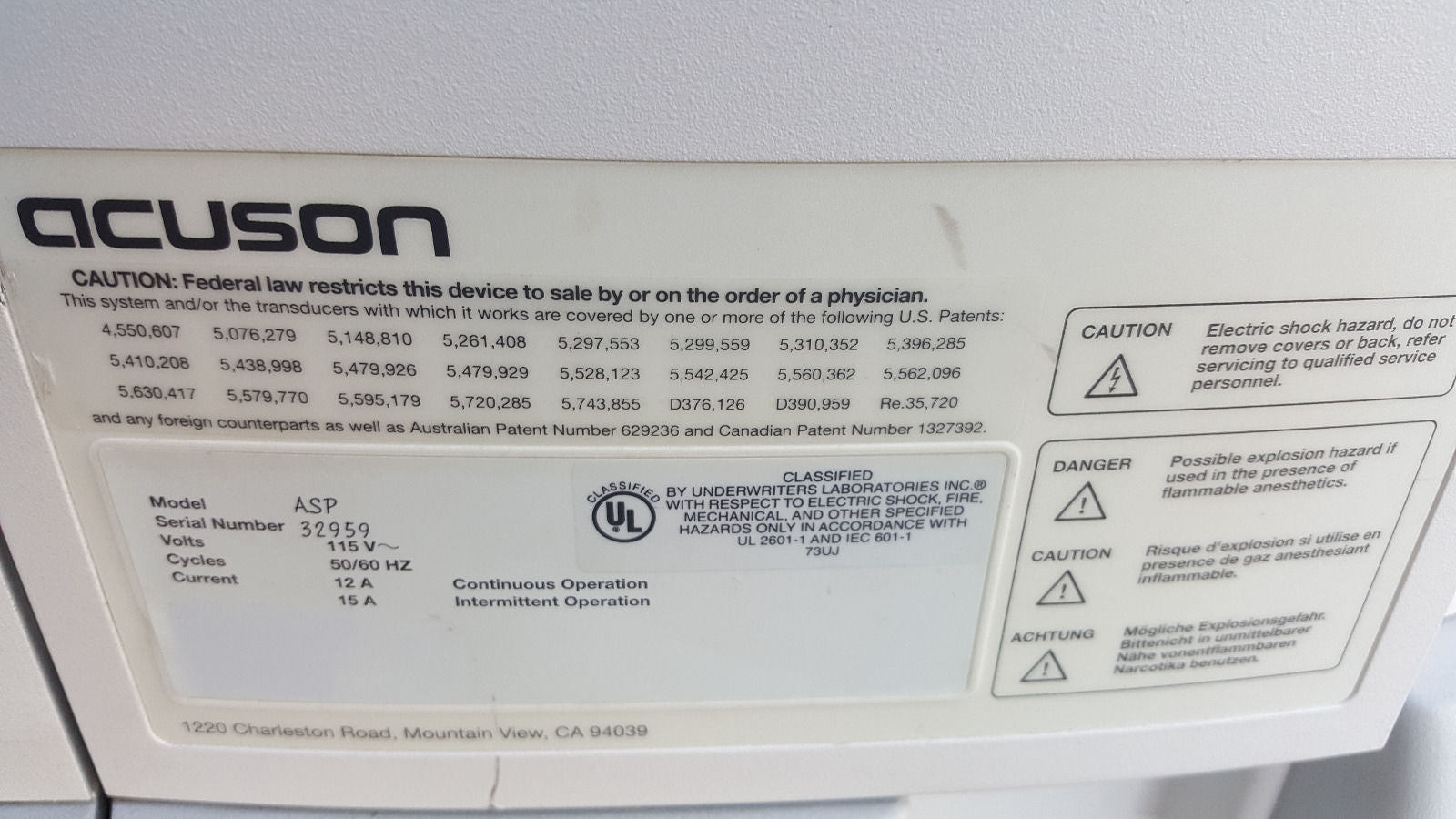 Siemens Acuson Aspen Ultrasound With C3 & EVC8 Transducer Model ASP DIAGNOSTIC ULTRASOUND MACHINES FOR SALE