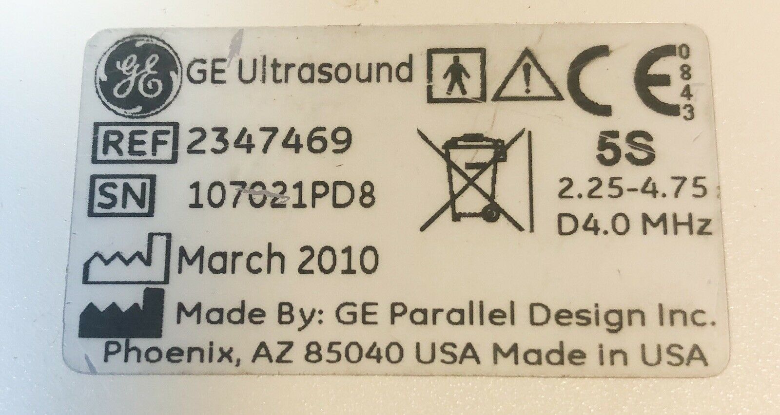 GE Parallel 5S ULTRASOUND PROBE REF. # 2347469 2.25-4.75 Untested DIAGNOSTIC ULTRASOUND MACHINES FOR SALE